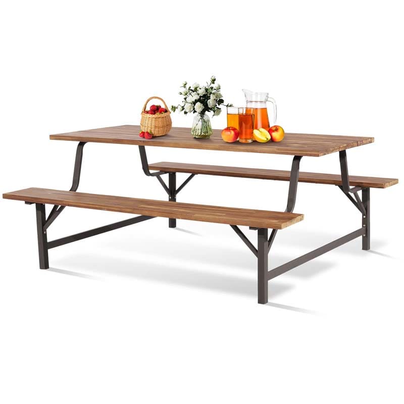 71" Acacia Wood Picnic Table Bench Set with 2" Umbrella Hole, Heavy-Duty Metal Frame Outdoor Dining Table Set