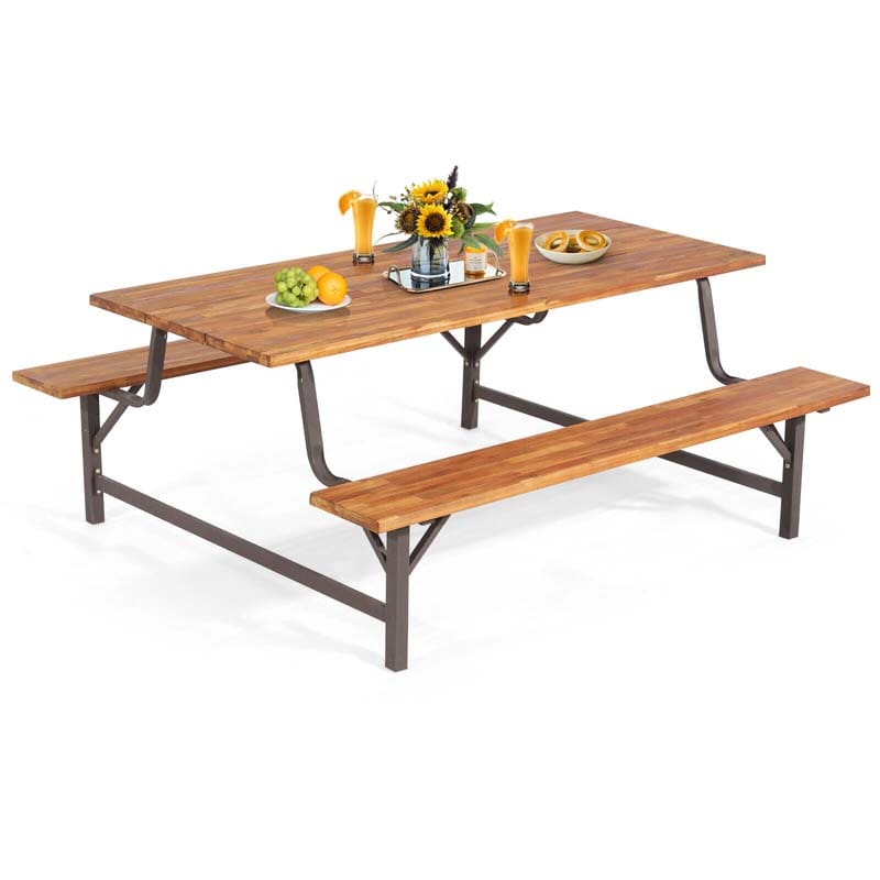 71" Acacia Wood Picnic Table Bench Set with 2" Umbrella Hole, Heavy-Duty Metal Frame Outdoor Dining Table Set