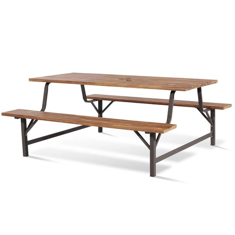 71" Acacia Wood Picnic Table Bench Set with 2" Umbrella Hole, Heavy-Duty Metal Frame Outdoor Dining Table Set