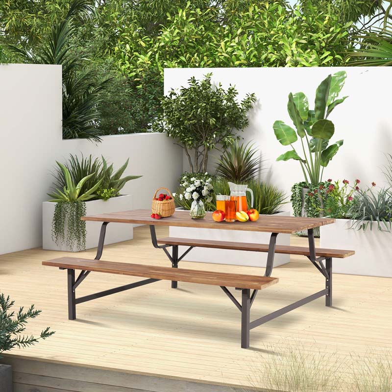 71" Acacia Wood Picnic Table Bench Set with 2" Umbrella Hole, Heavy-Duty Metal Frame Outdoor Dining Table Set