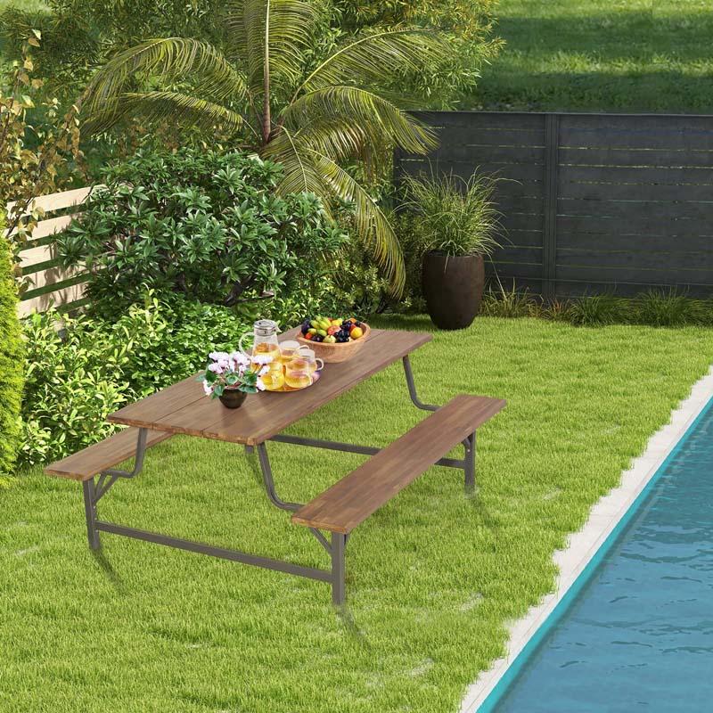 71" Acacia Wood Picnic Table Bench Set with 2" Umbrella Hole, Heavy-Duty Metal Frame Outdoor Dining Table Set