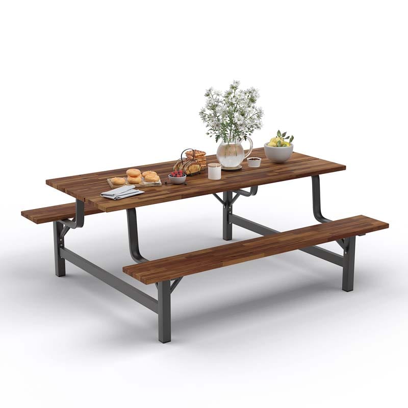71" Acacia Wood Picnic Table Bench Set with 2" Umbrella Hole, Heavy-Duty Metal Frame Outdoor Dining Table Set