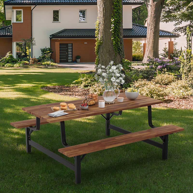 71" Acacia Wood Picnic Table Bench Set with 2" Umbrella Hole, Heavy-Duty Metal Frame Outdoor Dining Table Set