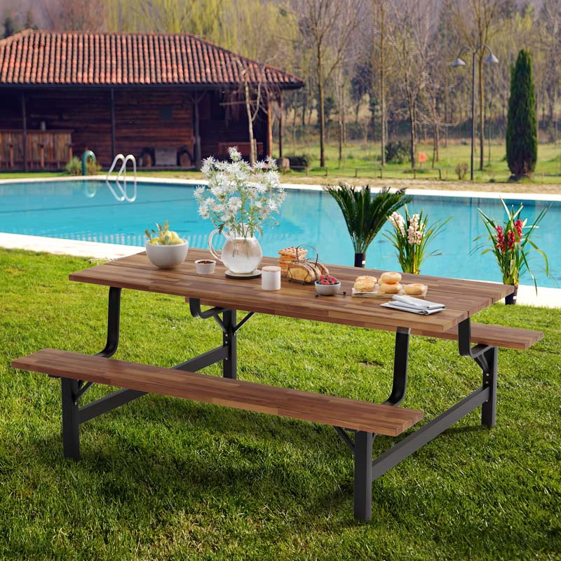71" Acacia Wood Picnic Table Bench Set with 2" Umbrella Hole, Heavy-Duty Metal Frame Outdoor Dining Table Set