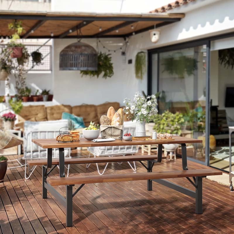 71" Acacia Wood Picnic Table Bench Set with 2" Umbrella Hole, Heavy-Duty Metal Frame Outdoor Dining Table Set