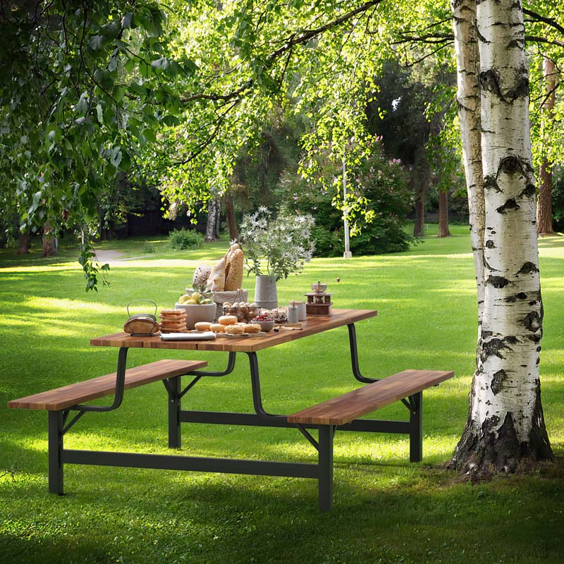 71" Acacia Wood Picnic Table Bench Set with 2" Umbrella Hole, Heavy-Duty Metal Frame Outdoor Dining Table Set