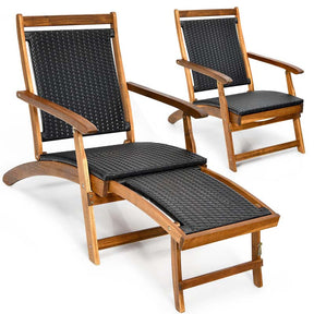 2 Pcs Acacia Wood Folding Chaise Lounge Chair Outdoor Foldable Deck Chair, Portable Wicker Lounger with Retractable Footrest