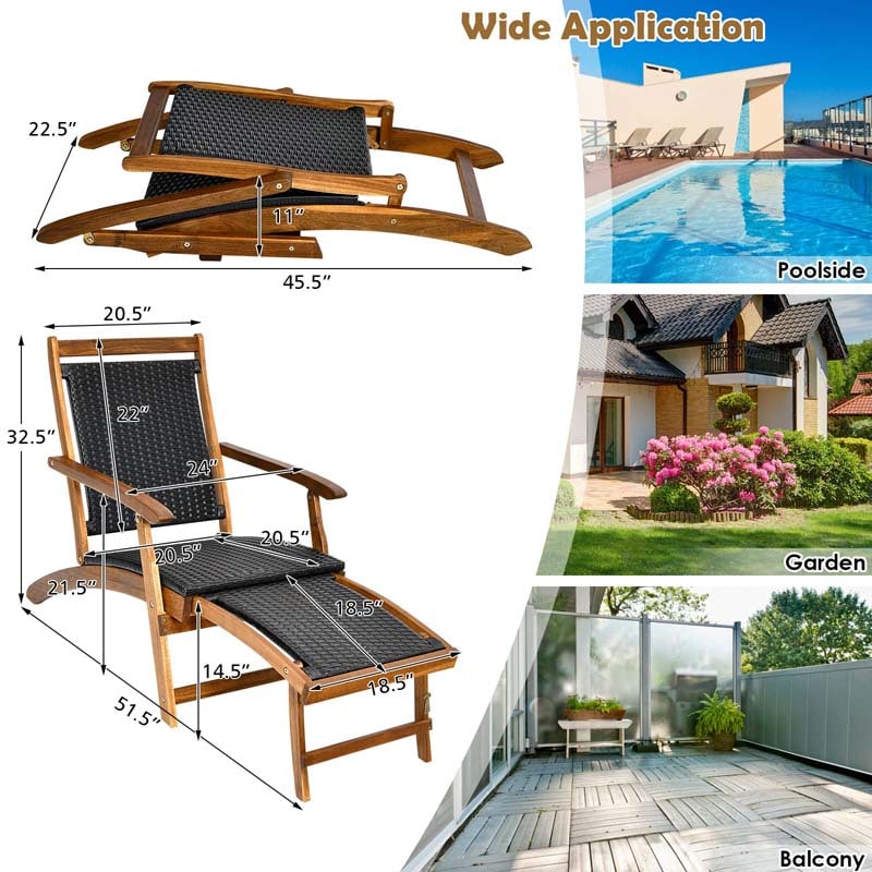 2 Pcs Acacia Wood Folding Chaise Lounge Chair Outdoor Foldable Deck Chair, Portable Wicker Lounger with Retractable Footrest
