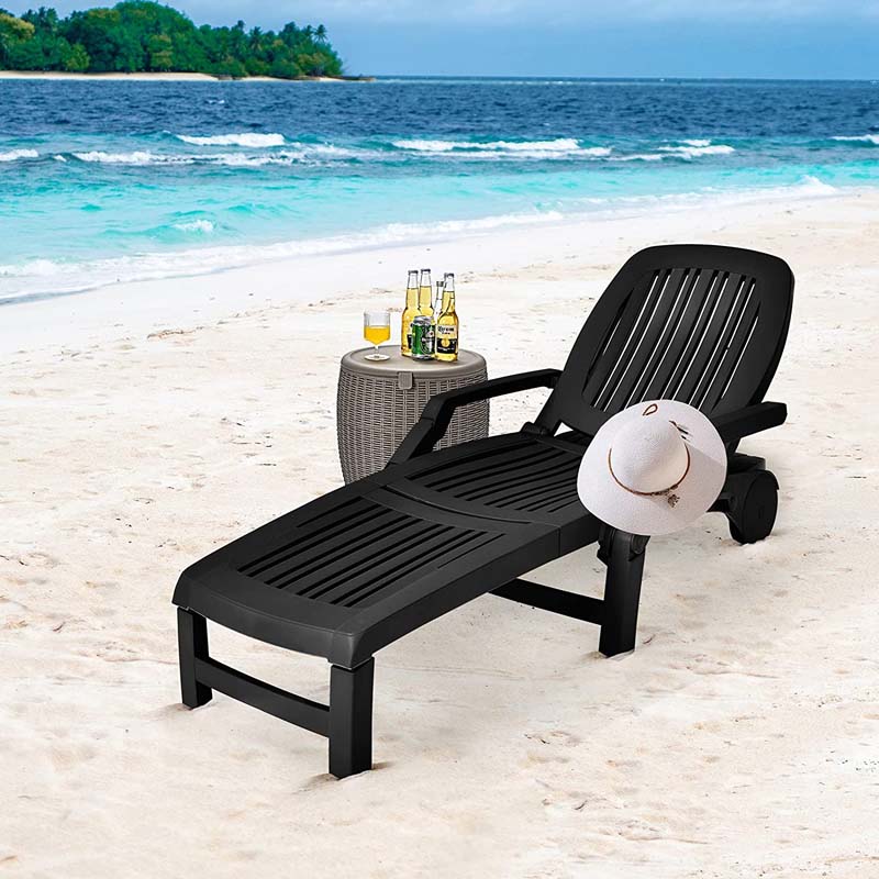 Weatherproof Folding Sun Lounger with Wheels, 6-Position Plastic Outdoor Chaise Lounge Chair for Pool Beach Lawn