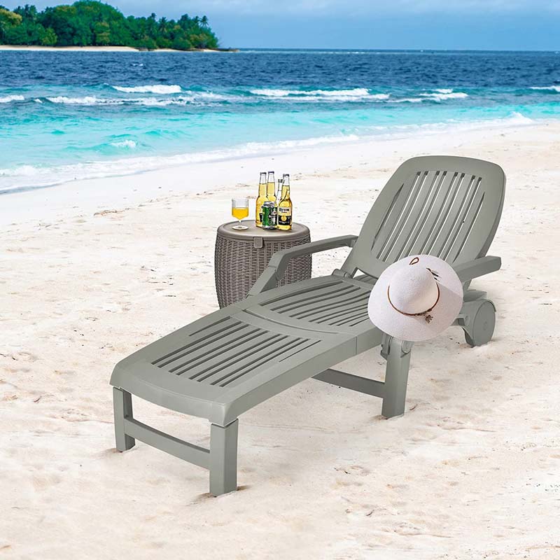 Weatherproof Folding Sun Lounger with Wheels, 6-Position Plastic Outdoor Chaise Lounge Chair for Pool Beach Lawn