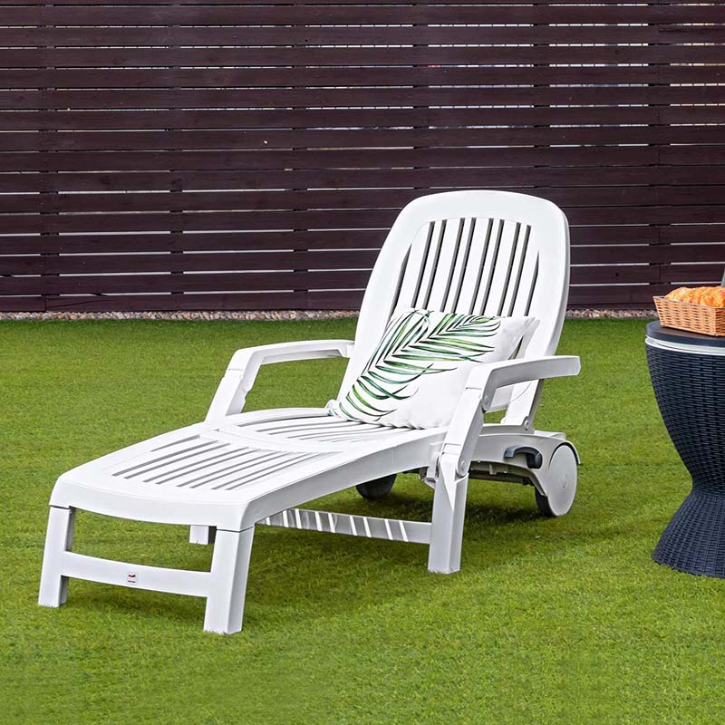 Weatherproof Folding Sun Lounger with Wheels, 6-Position Plastic Outdoor Chaise Lounge Chair for Pool Beach Lawn