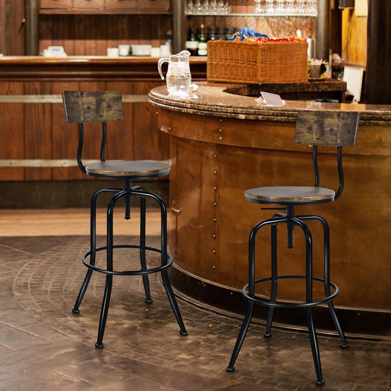 Height Adjustable Industrial Swivel Bar Stools Set of 2 with Arc-Shaped Backrest & Footrest, Vintage Counter Height Dining Chairs for Kitchen Pub