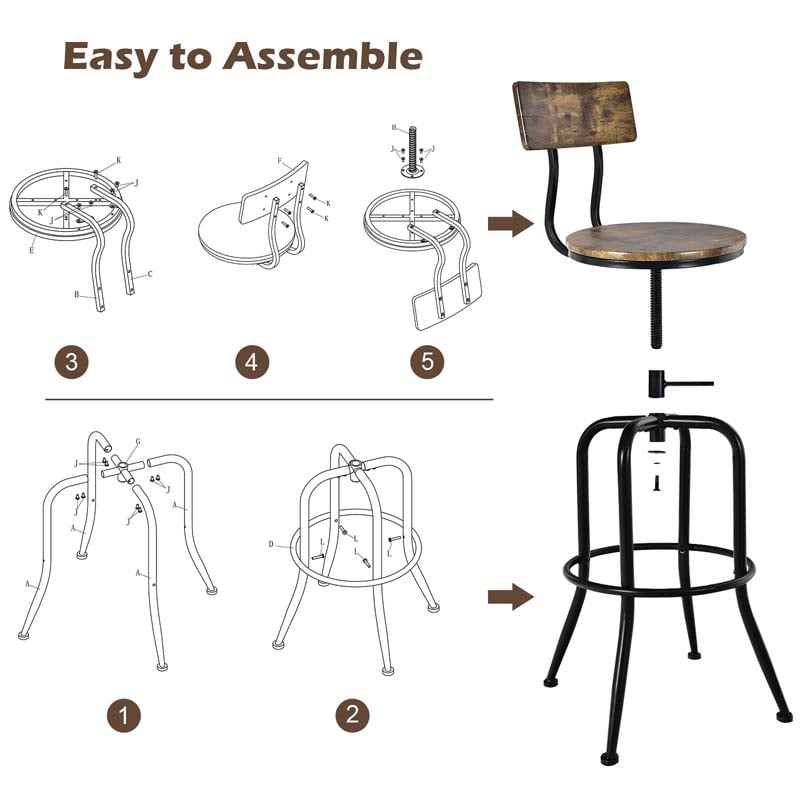 Height Adjustable Industrial Swivel Bar Stools Set of 2 with Arc-Shaped Backrest & Footrest, Vintage Counter Height Dining Chairs for Kitchen Pub