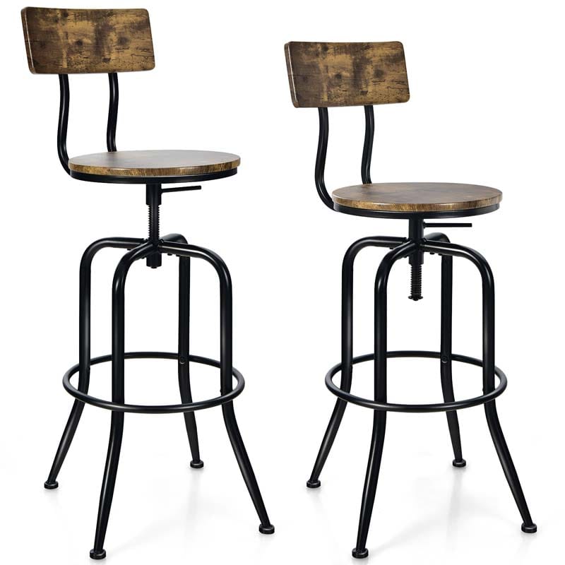 Height Adjustable Industrial Swivel Bar Stools Set of 2 with Arc-Shaped Backrest & Footrest, Vintage Counter Height Dining Chairs for Kitchen Pub