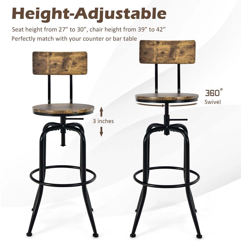 Height Adjustable Industrial Swivel Bar Stools Set of 2 with Arc-Shaped Backrest & Footrest, Vintage Counter Height Dining Chairs for Kitchen Pub