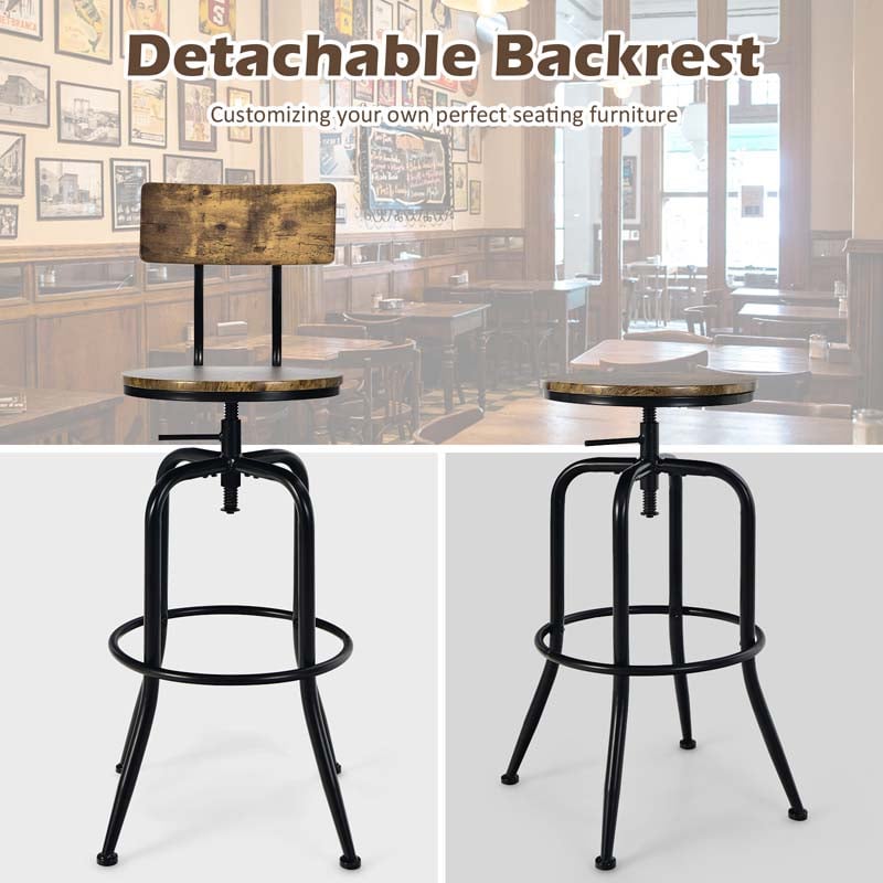 Height Adjustable Industrial Swivel Bar Stools Set of 2 with Arc-Shaped Backrest & Footrest, Vintage Counter Height Dining Chairs for Kitchen Pub