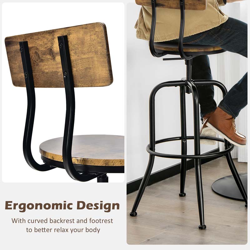 Height Adjustable Industrial Swivel Bar Stools Set of 2 with Arc-Shaped Backrest & Footrest, Vintage Counter Height Dining Chairs for Kitchen Pub