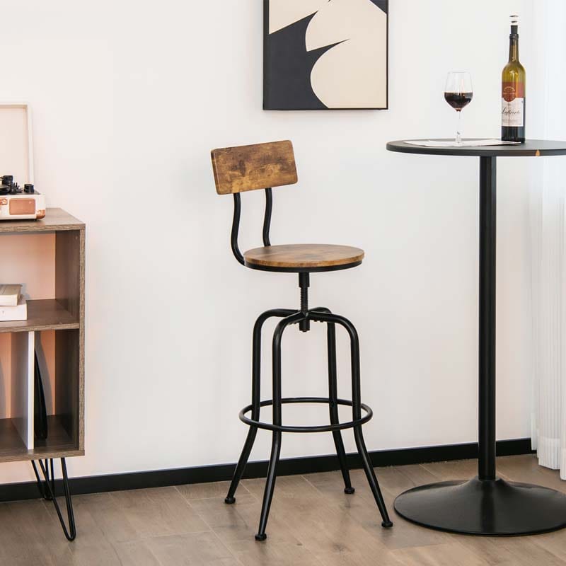 Height Adjustable Industrial Swivel Bar Stools Set of 2 with Arc-Shaped Backrest & Footrest, Vintage Counter Height Dining Chairs for Kitchen Pub