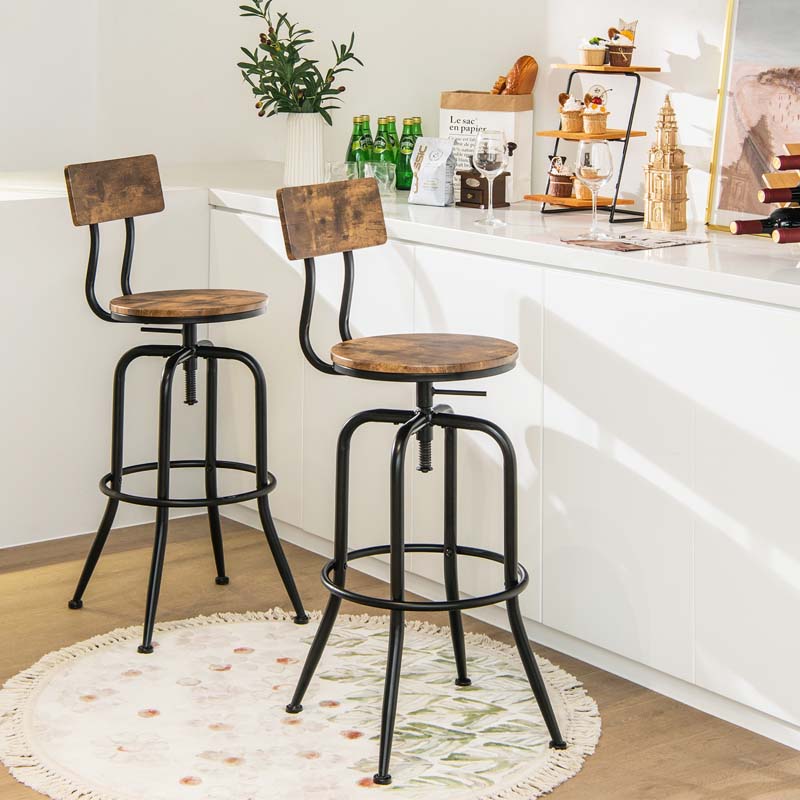 Height Adjustable Industrial Swivel Bar Stools Set of 2 with Arc-Shaped Backrest & Footrest, Vintage Counter Height Dining Chairs for Kitchen Pub