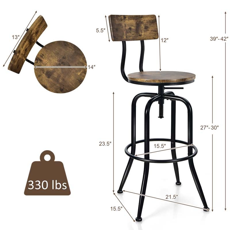 Height Adjustable Industrial Swivel Bar Stools Set of 2 with Arc-Shaped Backrest & Footrest, Vintage Counter Height Dining Chairs for Kitchen Pub