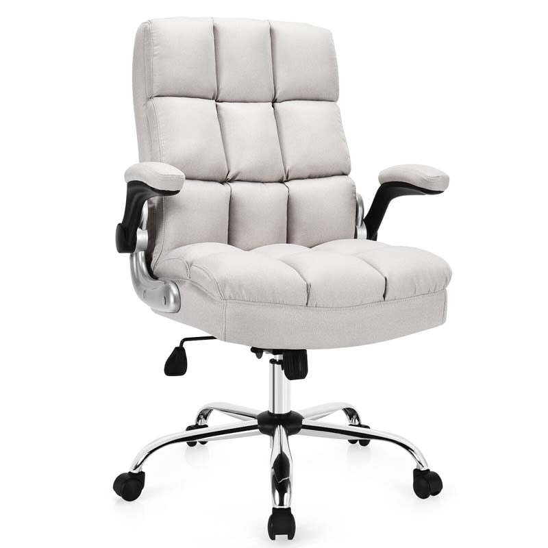 Linen Fabric Thick Padding Big & Tall Executive Office Chair with Flip-up Armrest, Swivel High Back Computer Desk Chair