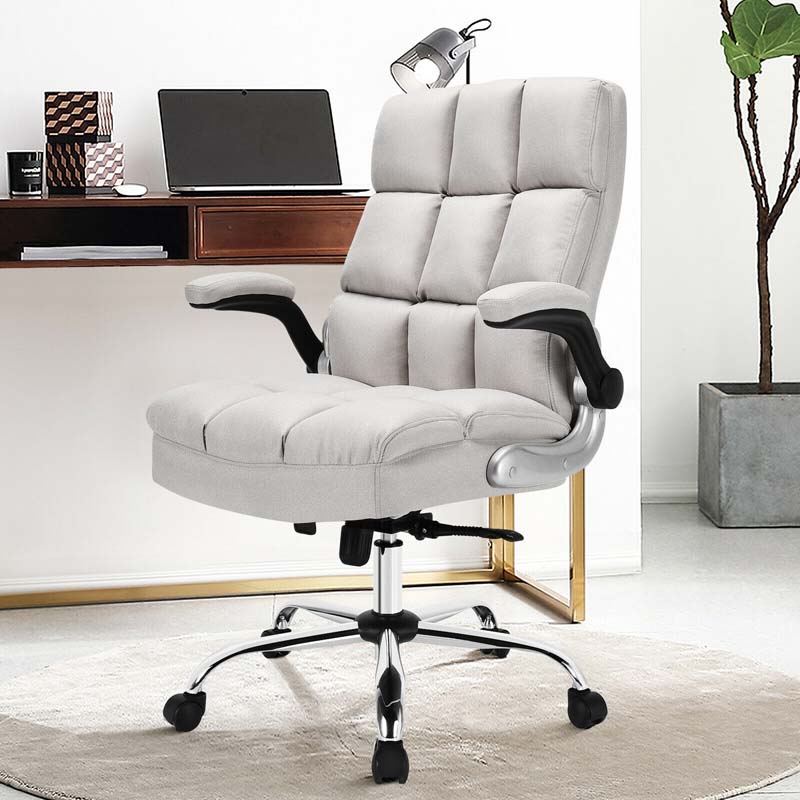 Linen Fabric Thick Padding Big & Tall Executive Office Chair with Flip-up Armrest, Swivel High Back Computer Desk Chair
