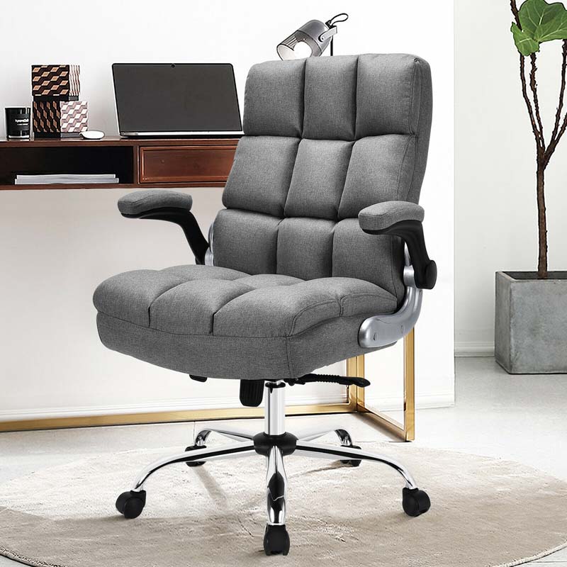 Linen Fabric Thick Padding Big & Tall Executive Office Chair with Flip-up Armrest, Swivel High Back Computer Desk Chair