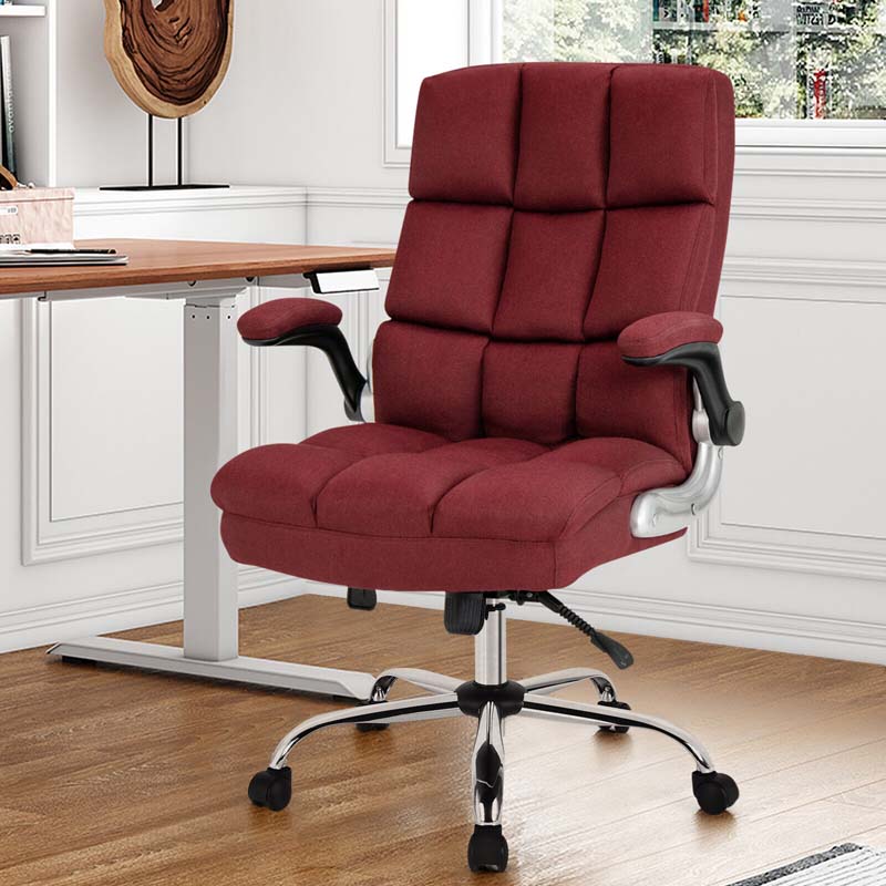 Linen Fabric Thick Padding Big & Tall Executive Office Chair with Flip-up Armrest, Swivel High Back Computer Desk Chair