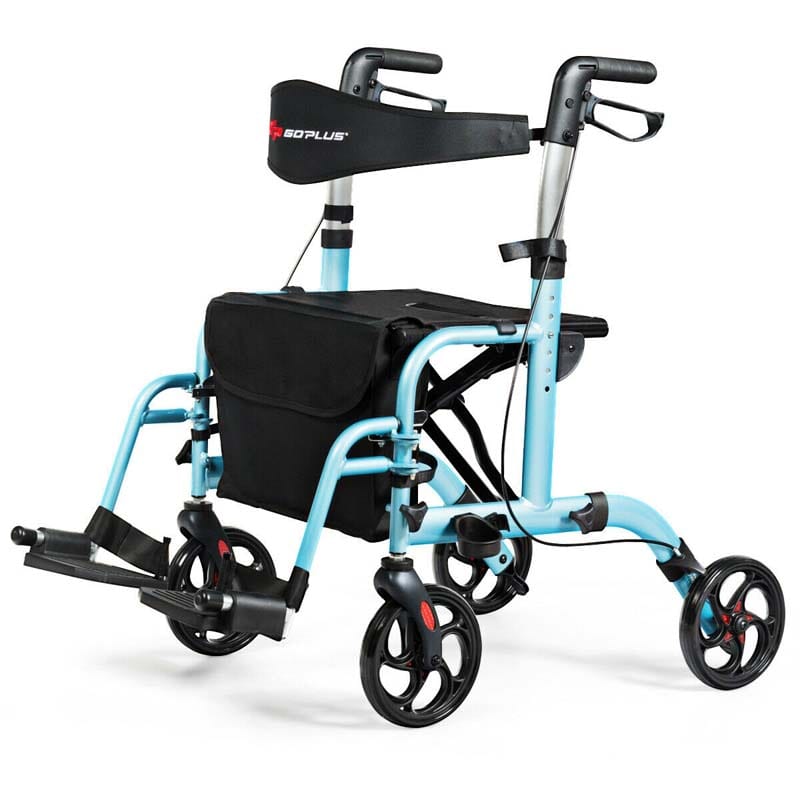 2 in 1 Rollator Walker Wheelchair Folding Medical Walker, Aluminum Transport Chair Mobility Walking Aid