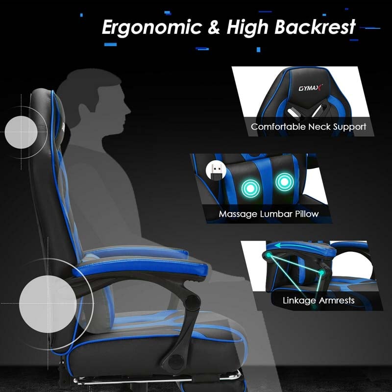 Massage Gaming Chair, Swivel Office Recliner, Adjustable Racing Computer Chair with Lumbar Support, Headrest & Retractable Footrest