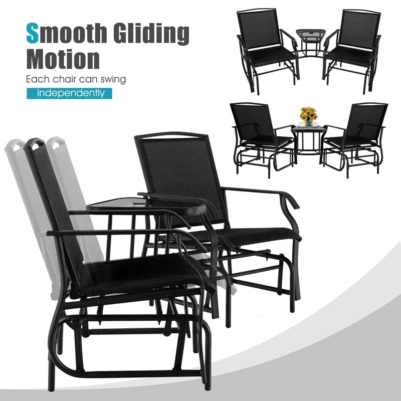 Outdoor Double Swing Glider Chair with Center Table & Umbrella Hole, 2-Person Rocking Chair & Bistro Table Set for Porch Backyard Poolside