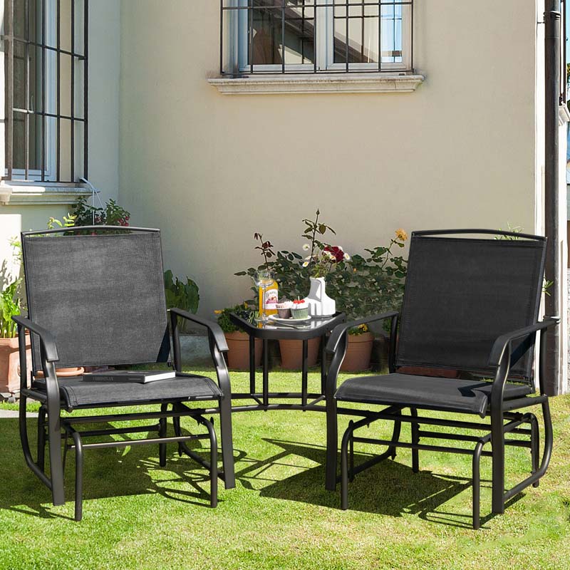 Outdoor Double Swing Glider Chair with Center Table & Umbrella Hole, 2-Person Rocking Chair & Bistro Table Set for Porch Backyard Poolside