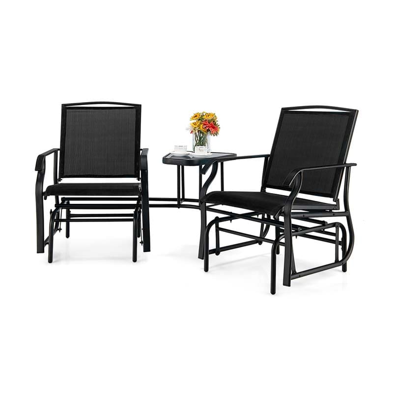 Outdoor Double Swing Glider Chair with Center Table & Umbrella Hole, 2-Person Rocking Chair & Bistro Table Set for Porch Backyard Poolside