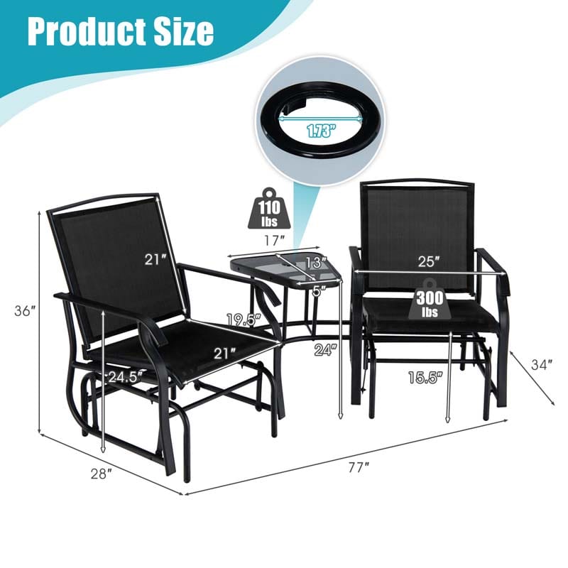 Outdoor Double Swing Glider Chair with Center Table & Umbrella Hole, 2-Person Rocking Chair & Bistro Table Set for Porch Backyard Poolside