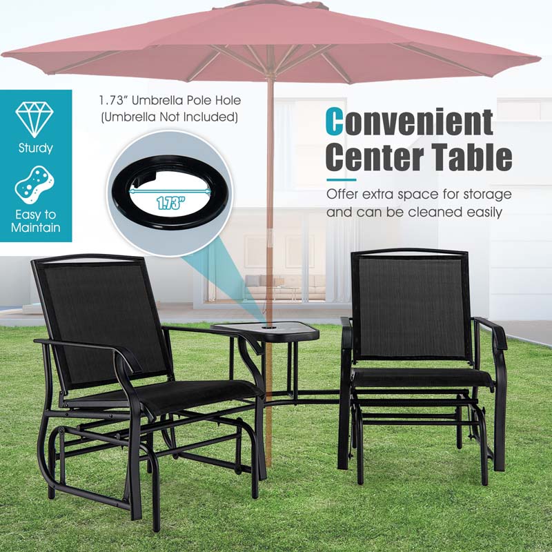 Outdoor Double Swing Glider Chair with Center Table & Umbrella Hole, 2-Person Rocking Chair & Bistro Table Set for Porch Backyard Poolside