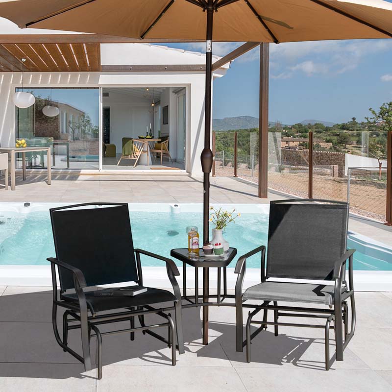 Outdoor Double Swing Glider Chair with Center Table & Umbrella Hole, 2-Person Rocking Chair & Bistro Table Set for Porch Backyard Poolside