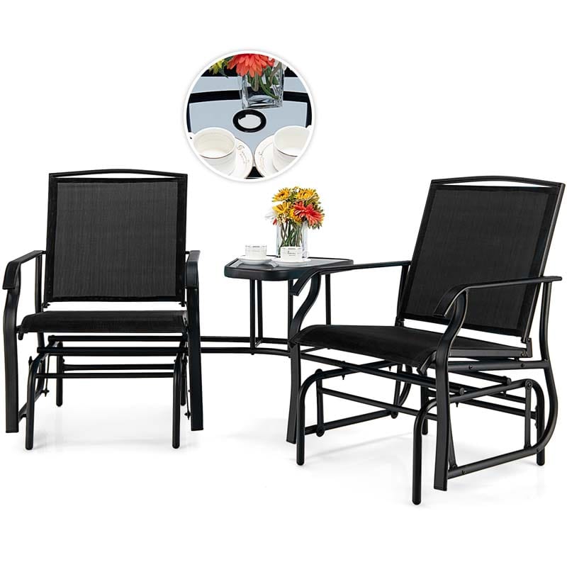 Outdoor Double Swing Glider Chair with Center Table & Umbrella Hole, 2-Person Rocking Chair & Bistro Table Set for Porch Backyard Poolside