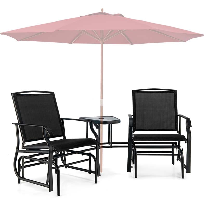 Outdoor Double Swing Glider Chair with Center Table & Umbrella Hole, 2-Person Rocking Chair & Bistro Table Set for Porch Backyard Poolside