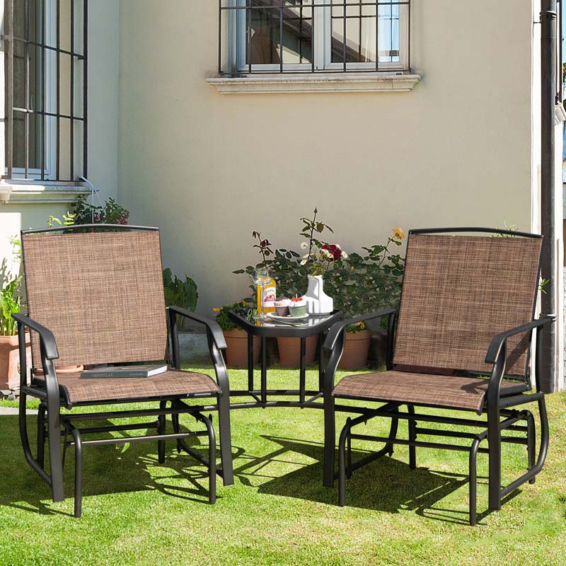 Outdoor Double Swing Glider Chair with Center Table & Umbrella Hole, 2-Person Rocking Chair & Bistro Table Set for Porch Backyard Poolside