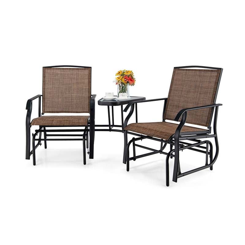 Outdoor Double Swing Glider Chair with Center Table & Umbrella Hole, 2-Person Rocking Chair & Bistro Table Set for Porch Backyard Poolside