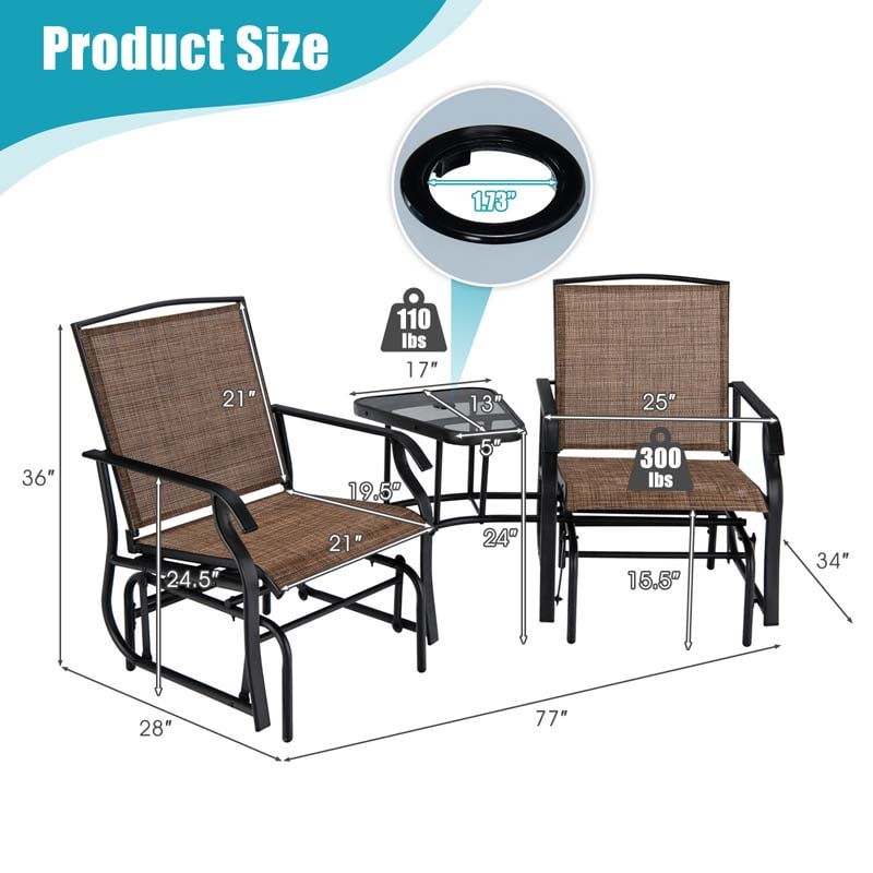 Outdoor Double Swing Glider Chair with Center Table & Umbrella Hole, 2-Person Rocking Chair & Bistro Table Set for Porch Backyard Poolside