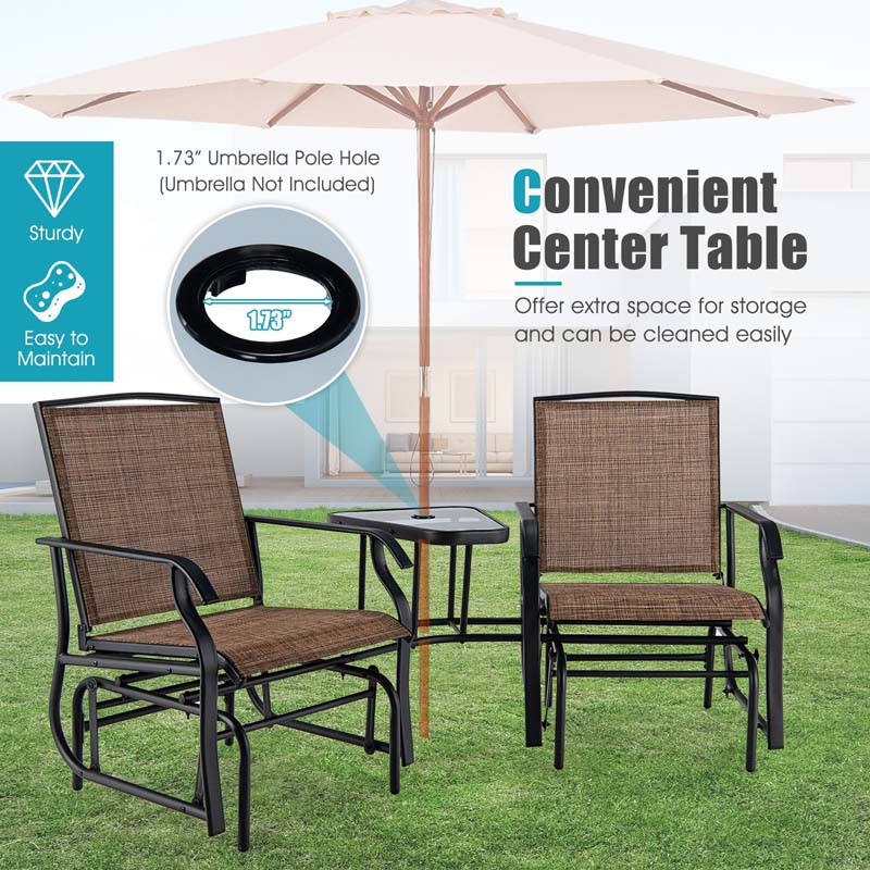 Outdoor Double Swing Glider Chair with Center Table & Umbrella Hole, 2-Person Rocking Chair & Bistro Table Set for Porch Backyard Poolside