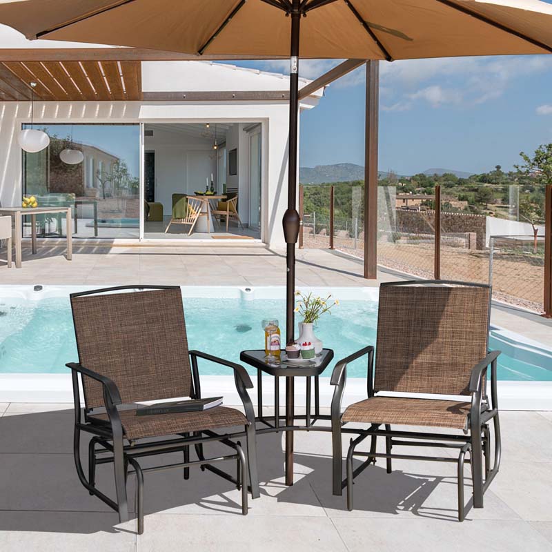 Outdoor Double Swing Glider Chair with Center Table & Umbrella Hole, 2-Person Rocking Chair & Bistro Table Set for Porch Backyard Poolside