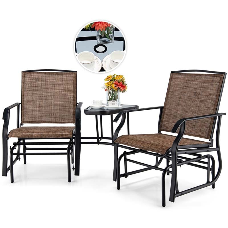 Outdoor Double Swing Glider Chair with Center Table & Umbrella Hole, 2-Person Rocking Chair & Bistro Table Set for Porch Backyard Poolside