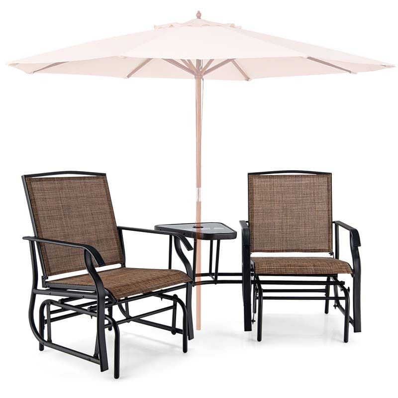 Outdoor Double Swing Glider Chair with Center Table & Umbrella Hole, 2-Person Rocking Chair & Bistro Table Set for Porch Backyard Poolside