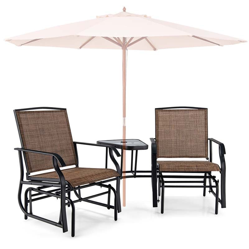 2-Person Double Swing Glider Chair Sling Fabric Porch Rocker with Glass Table & 1.73" Umbrella Hole