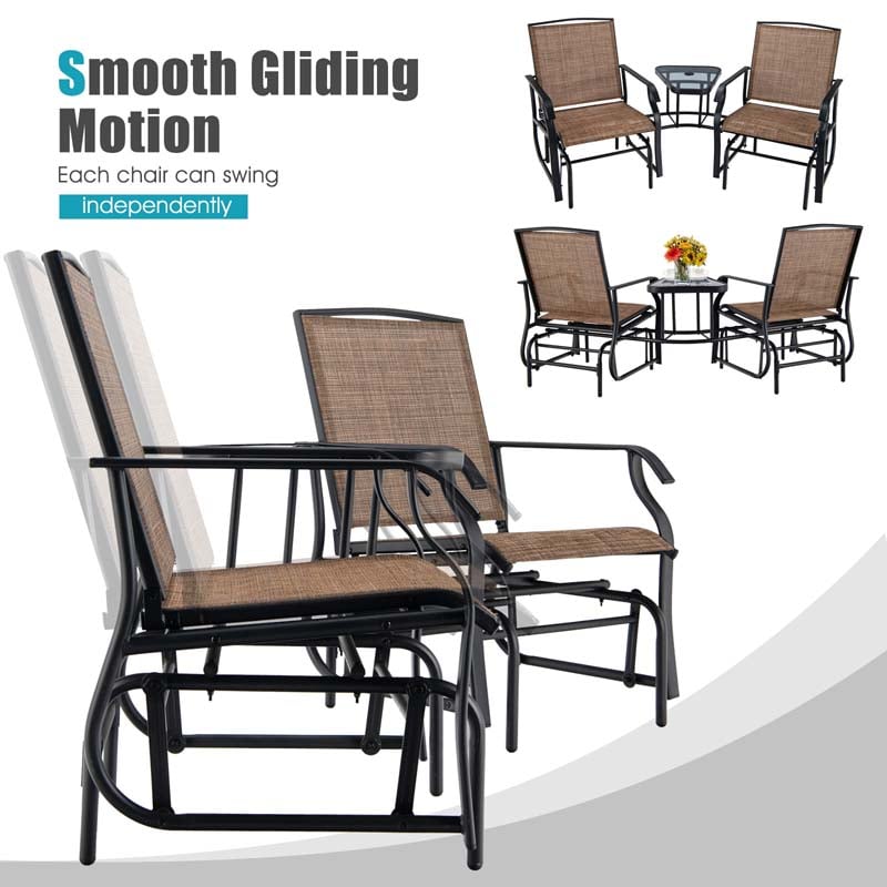 Outdoor Double Swing Glider Chair with Center Table & Umbrella Hole, 2-Person Rocking Chair & Bistro Table Set for Porch Backyard Poolside