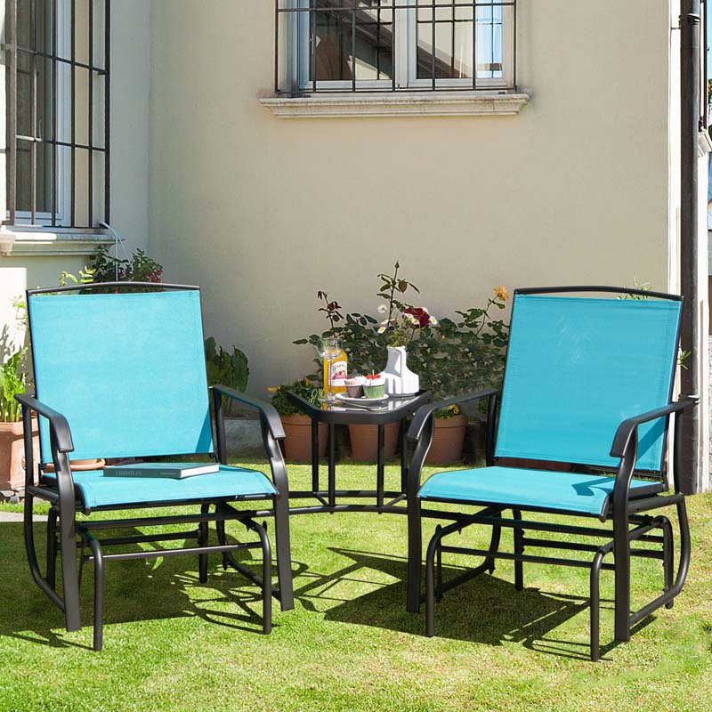 Outdoor Double Swing Glider Chair with Center Table & Umbrella Hole, 2-Person Rocking Chair & Bistro Table Set for Porch Backyard Poolside