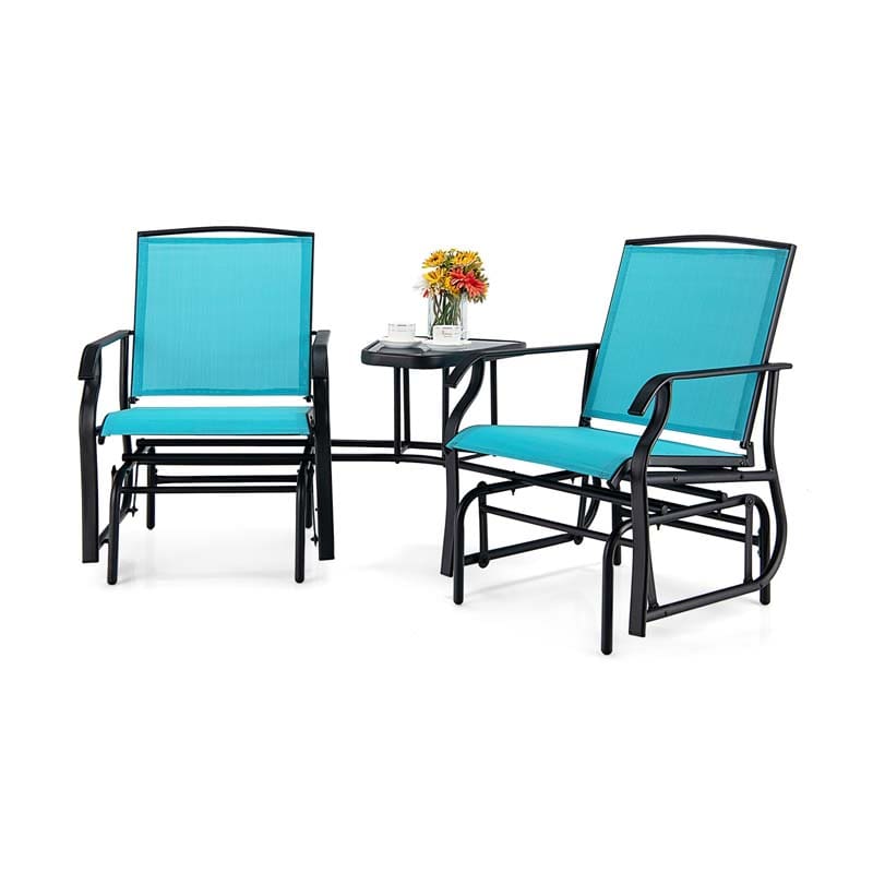 Outdoor Double Swing Glider Chair with Center Table & Umbrella Hole, 2-Person Rocking Chair & Bistro Table Set for Porch Backyard Poolside