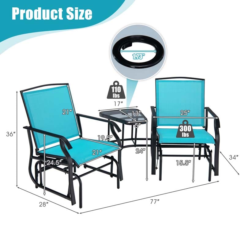 Outdoor Double Swing Glider Chair with Center Table & Umbrella Hole, 2-Person Rocking Chair & Bistro Table Set for Porch Backyard Poolside